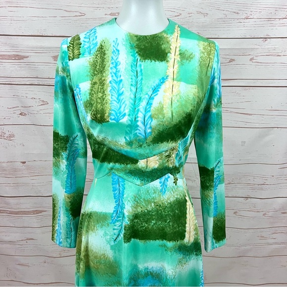 Rare Vintage Mid Century Impressionist Feather Forest Tree Long Sleeve Dress - Picture 5 of 10